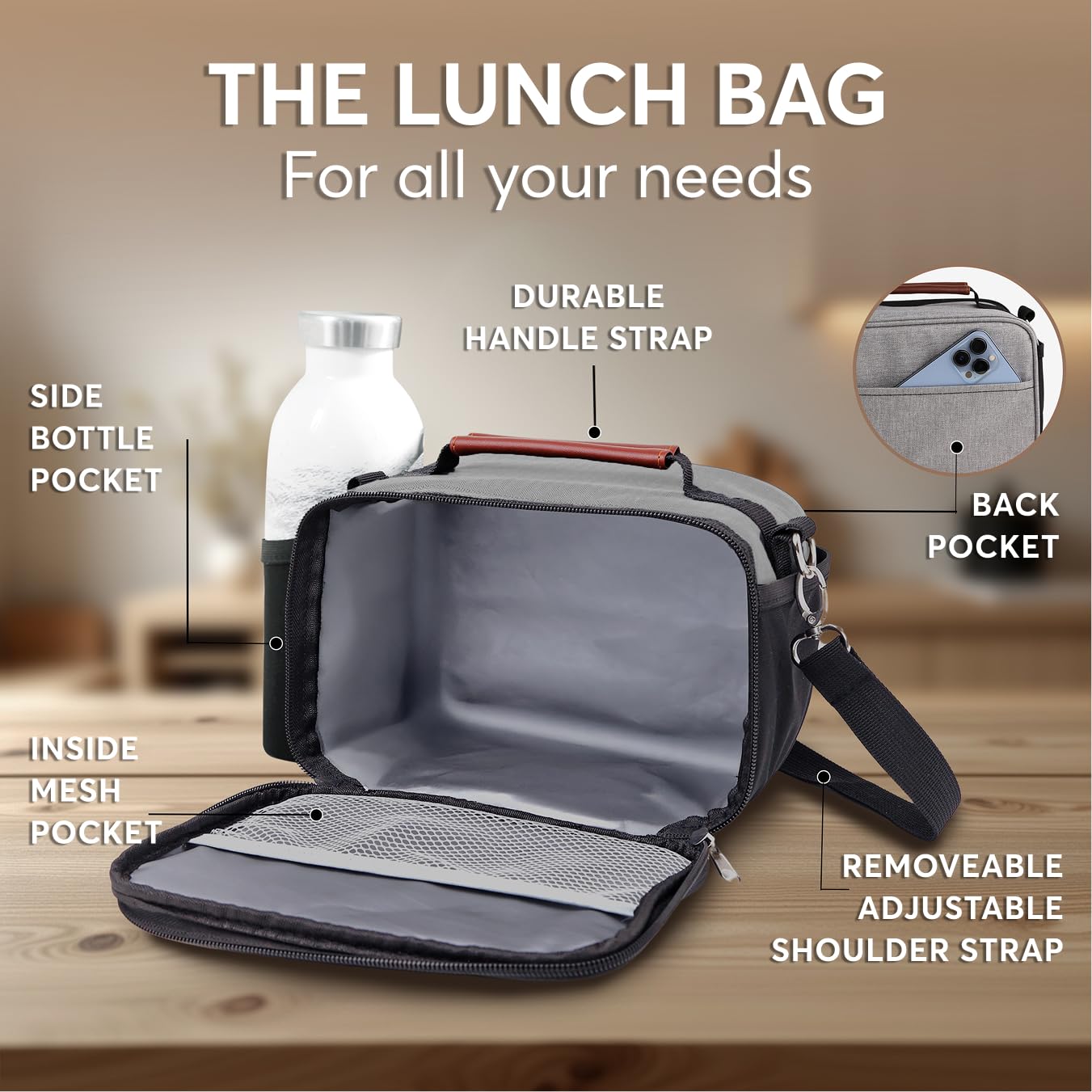 Umami lunch box gray durable double zippers prevent spills and wear.