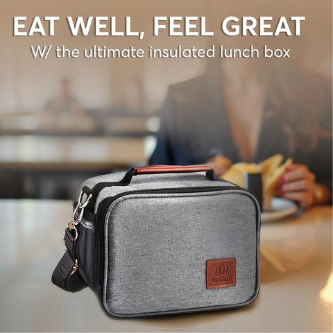Umami lunch box gray water bottle pocket keeps drinks handy during work or travel.