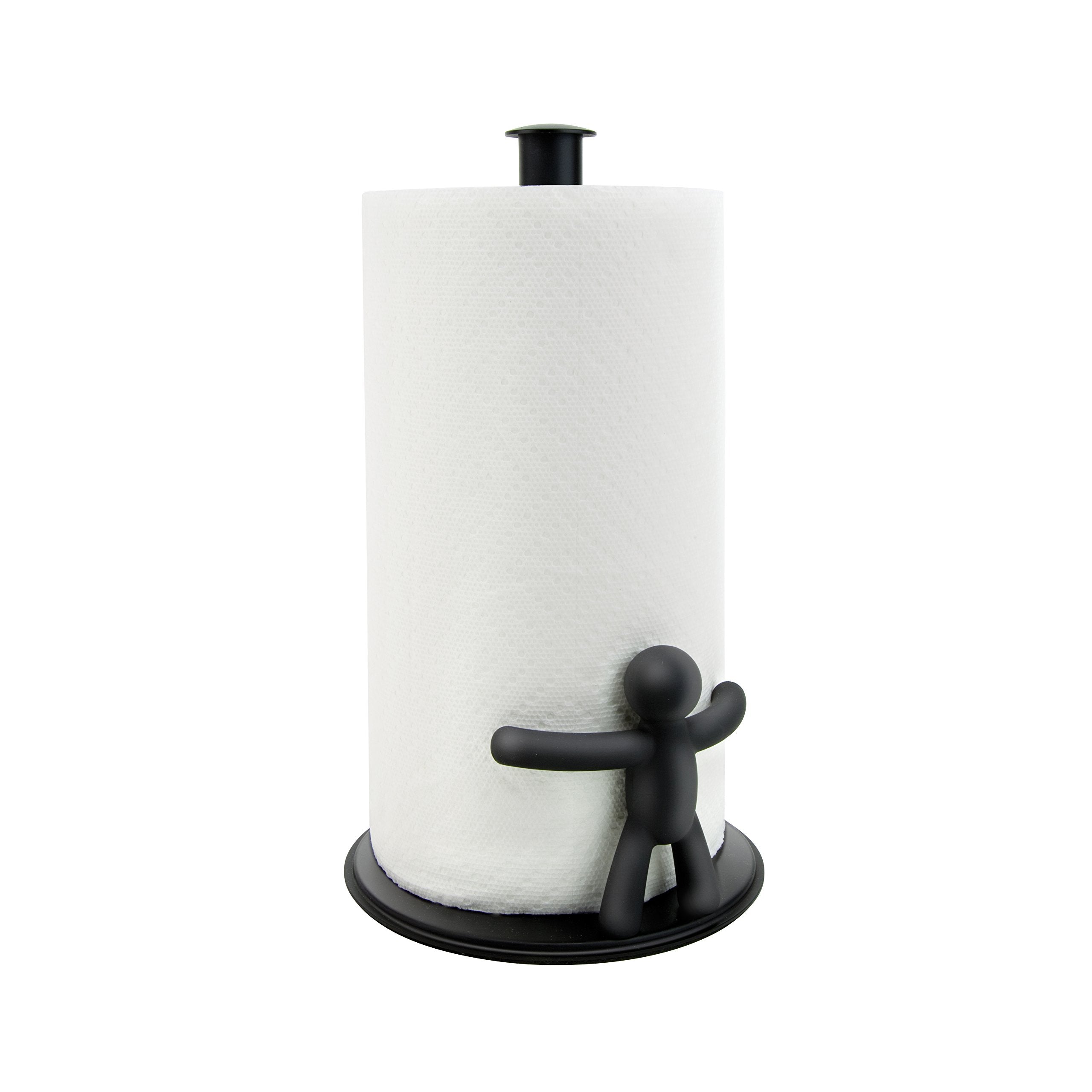 Umbra Buddy black countertop paper towel holder on a kitchen counter for one-handed tearing