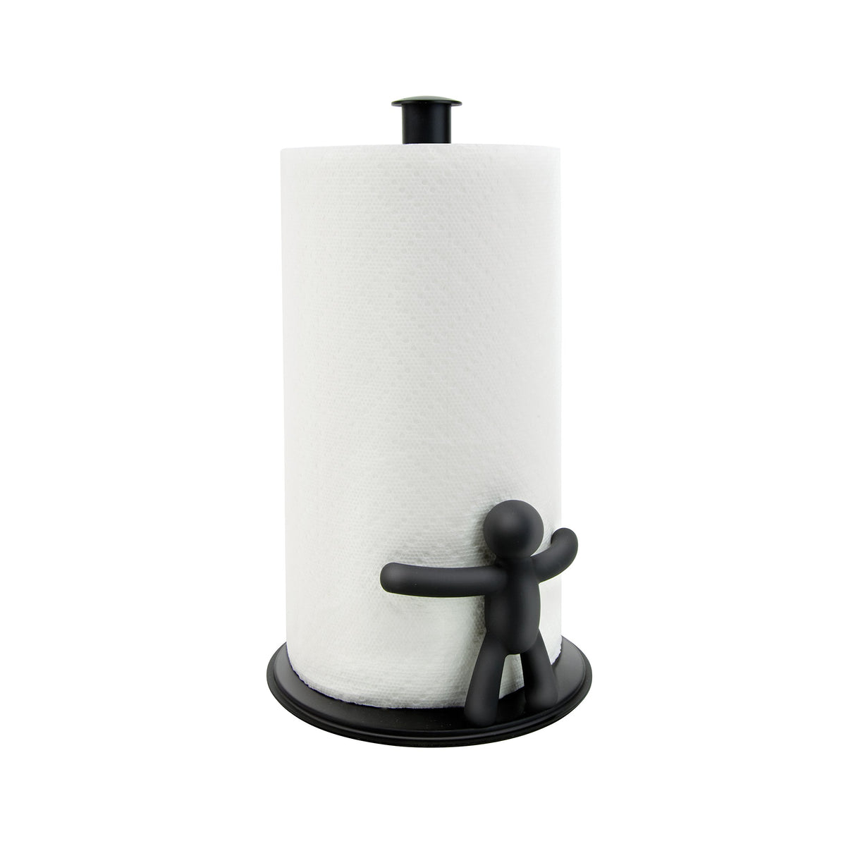 Umbra Buddy black countertop paper towel holder on a kitchen counter for one-handed tearing