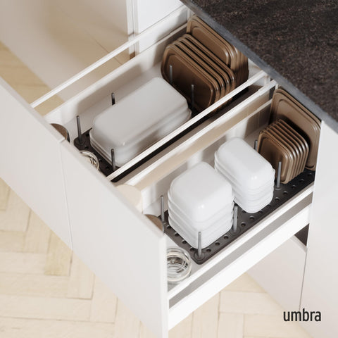 Umbra Peggy extendable base adapts to larger drawers for expanded storage.