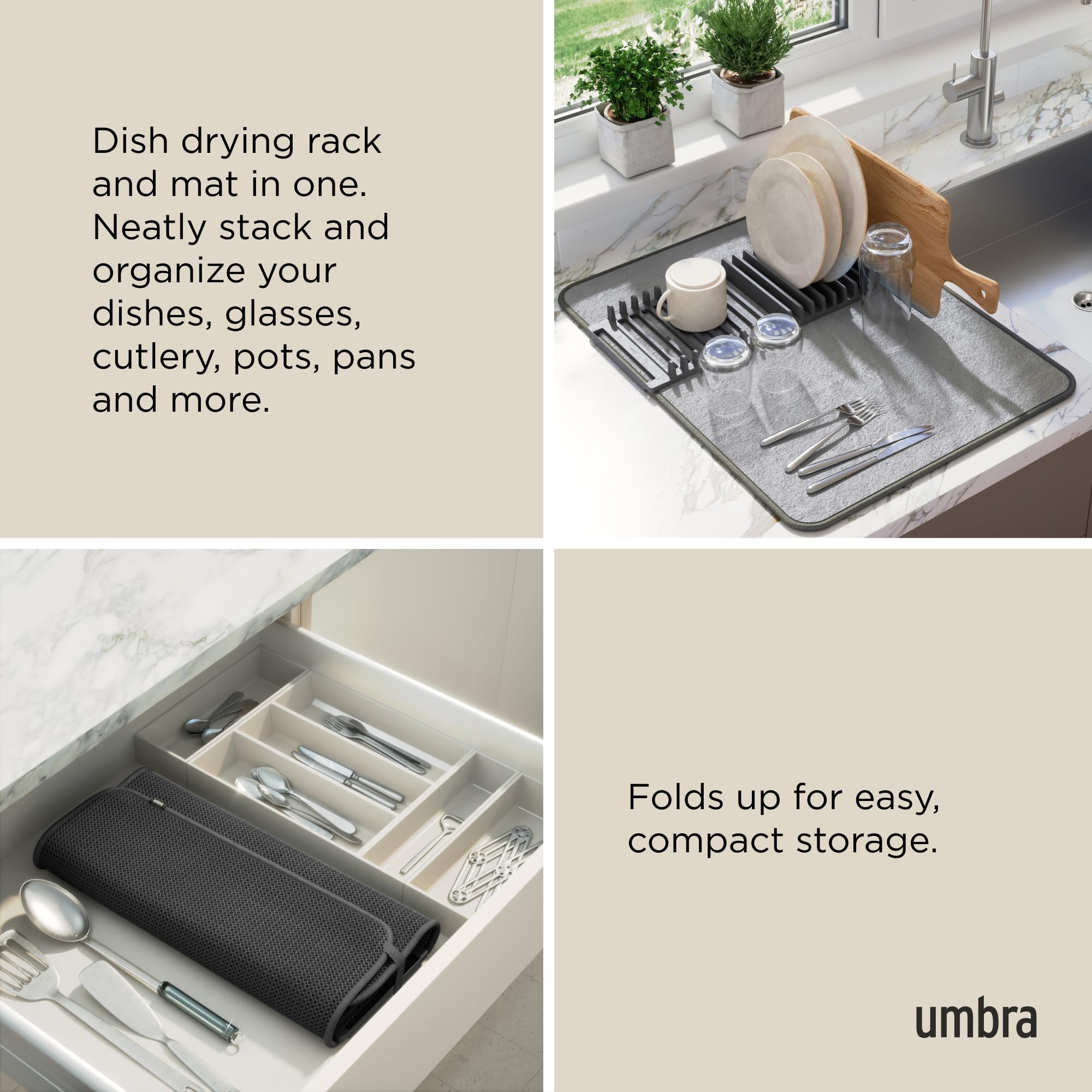 Udry folds flat for compact storage, keeping counters neat