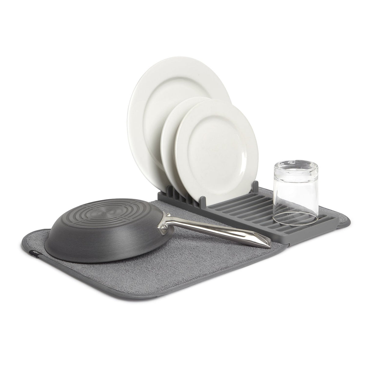 Umbra Udry Mini dish rack charcoal, ideal for air-drying dishes on a compact counter.