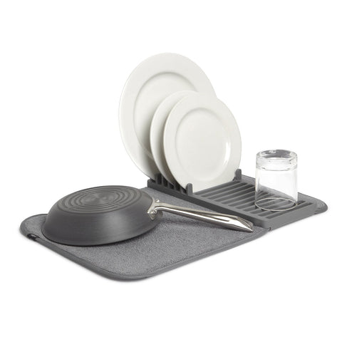 Umbra Udry Mini dish rack charcoal, ideal for air-drying dishes on a compact counter.