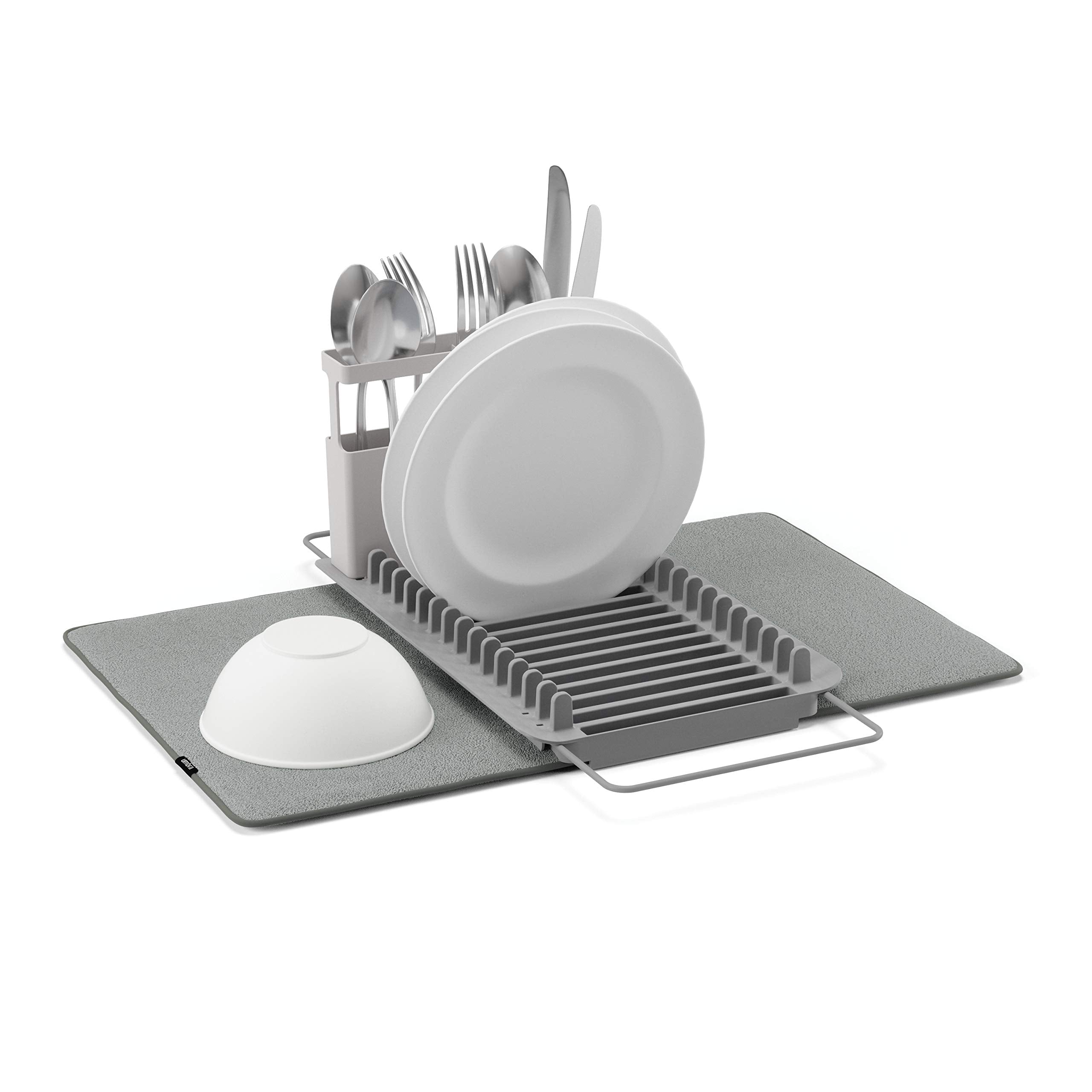 Umbra UDry over-the-sink dish rack with 16-plate capacity for organized drying.