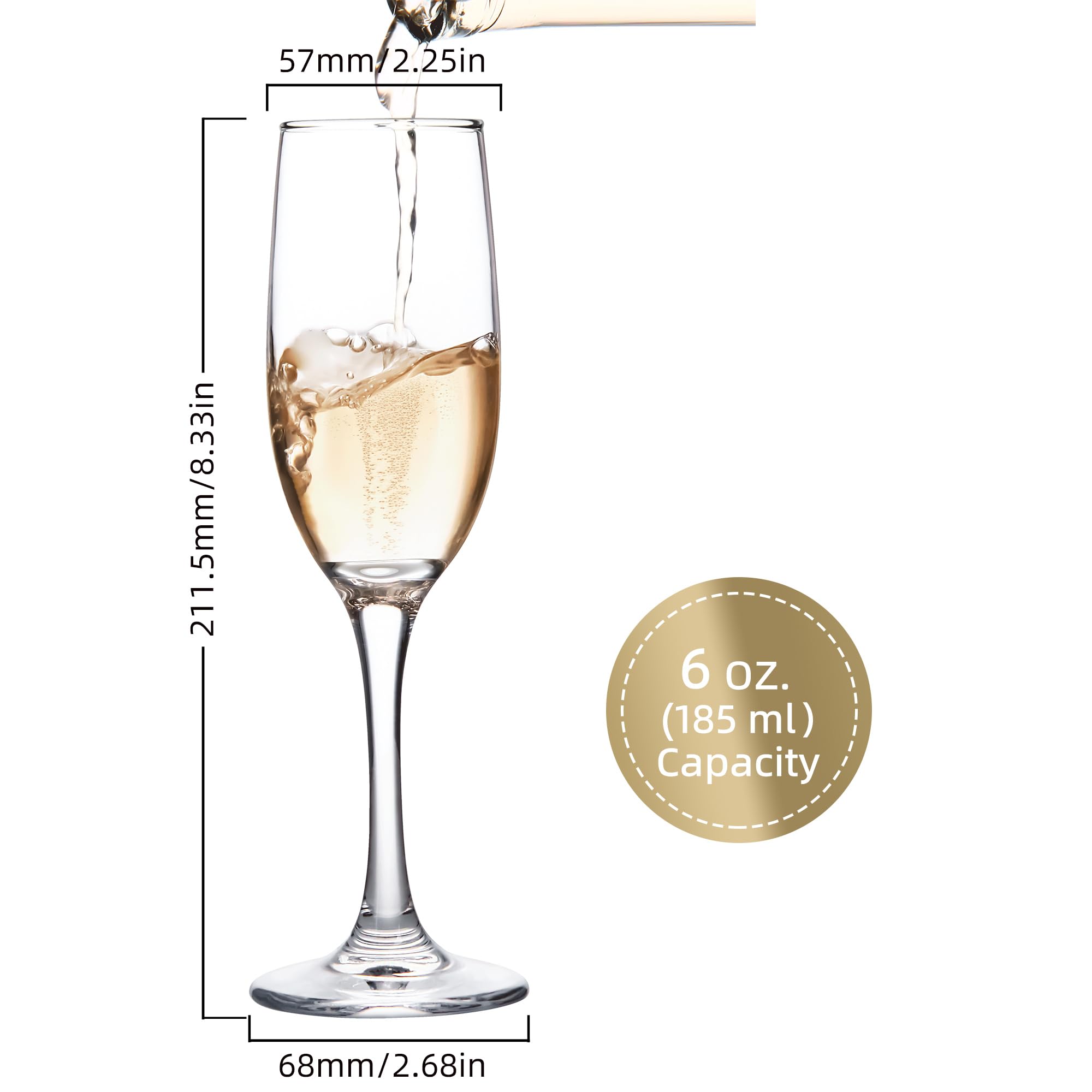 UMEIED champagne glasses 6oz capacity, perfect for generous toasts at events.