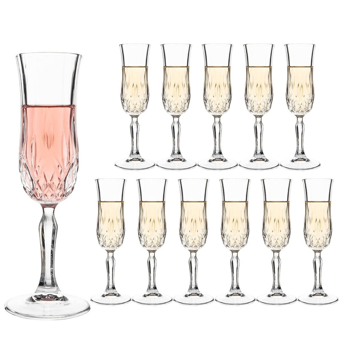 UMEIED engraved champagne flutes with etched pattern sparkling in light for elegant celebrations