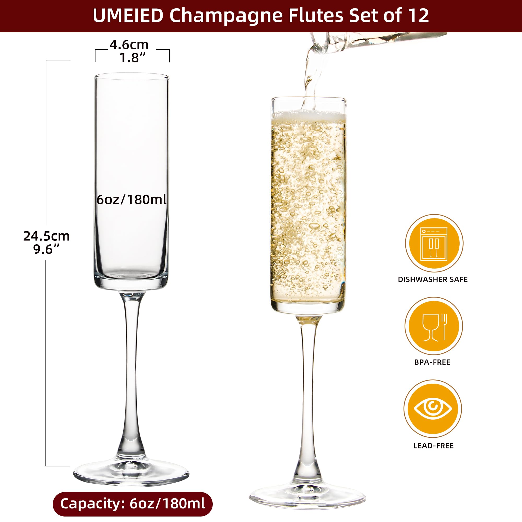 UMEIED 6 oz crystal glasses showcase sparkling wine with a lead-free, dishwasher-safe design.