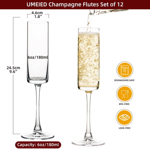 UMEIED 6 oz crystal glasses showcase sparkling wine with a lead-free, dishwasher-safe design.