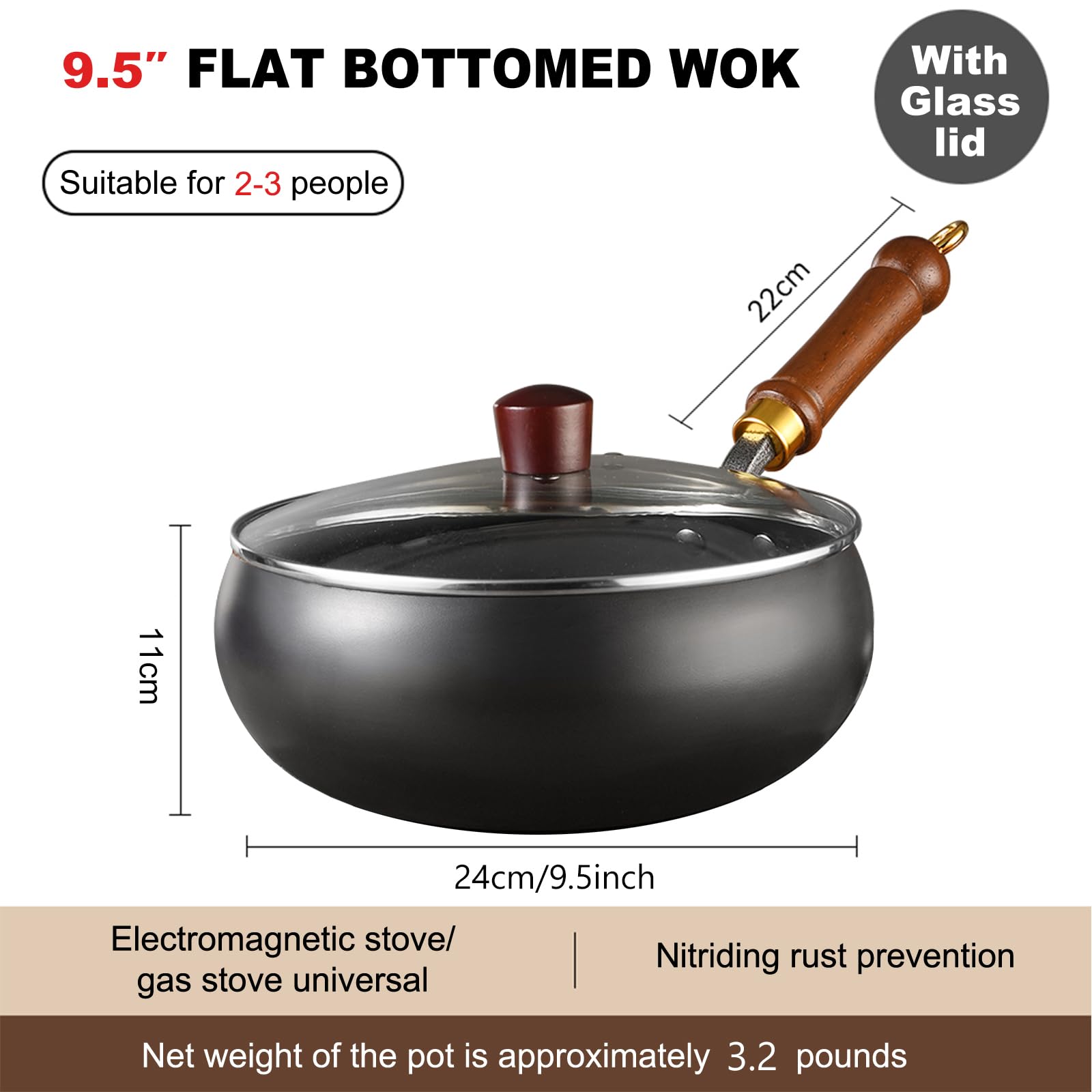 UMETRE wok pan glass lid close-up showing secure riveted handle and steam vent.