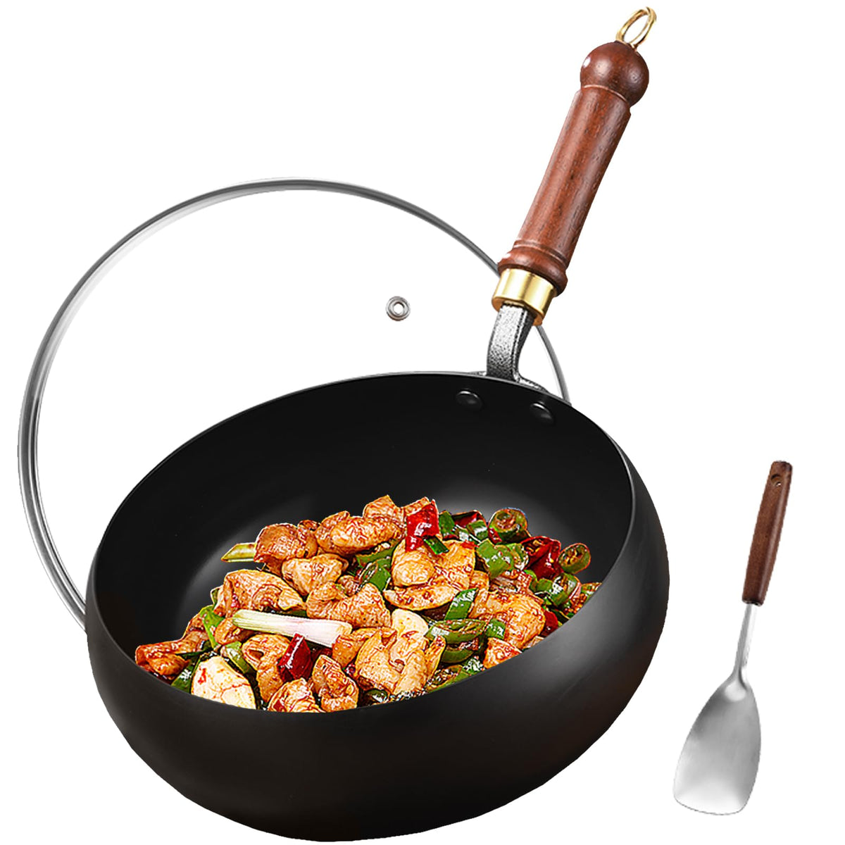 UMETRE carbon steel wok pan 9-5 inch side view highlighting flat bottom for even heating.