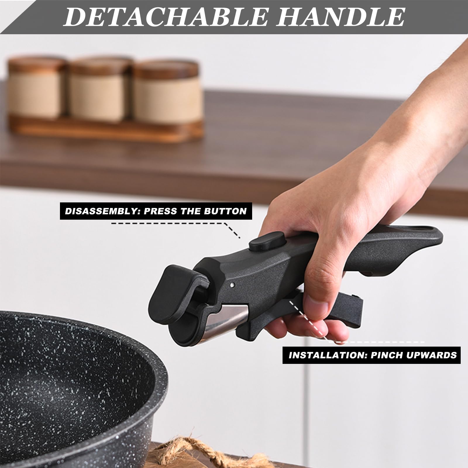 UMETRE detachable handle demonstrated on pans for secure conversion
