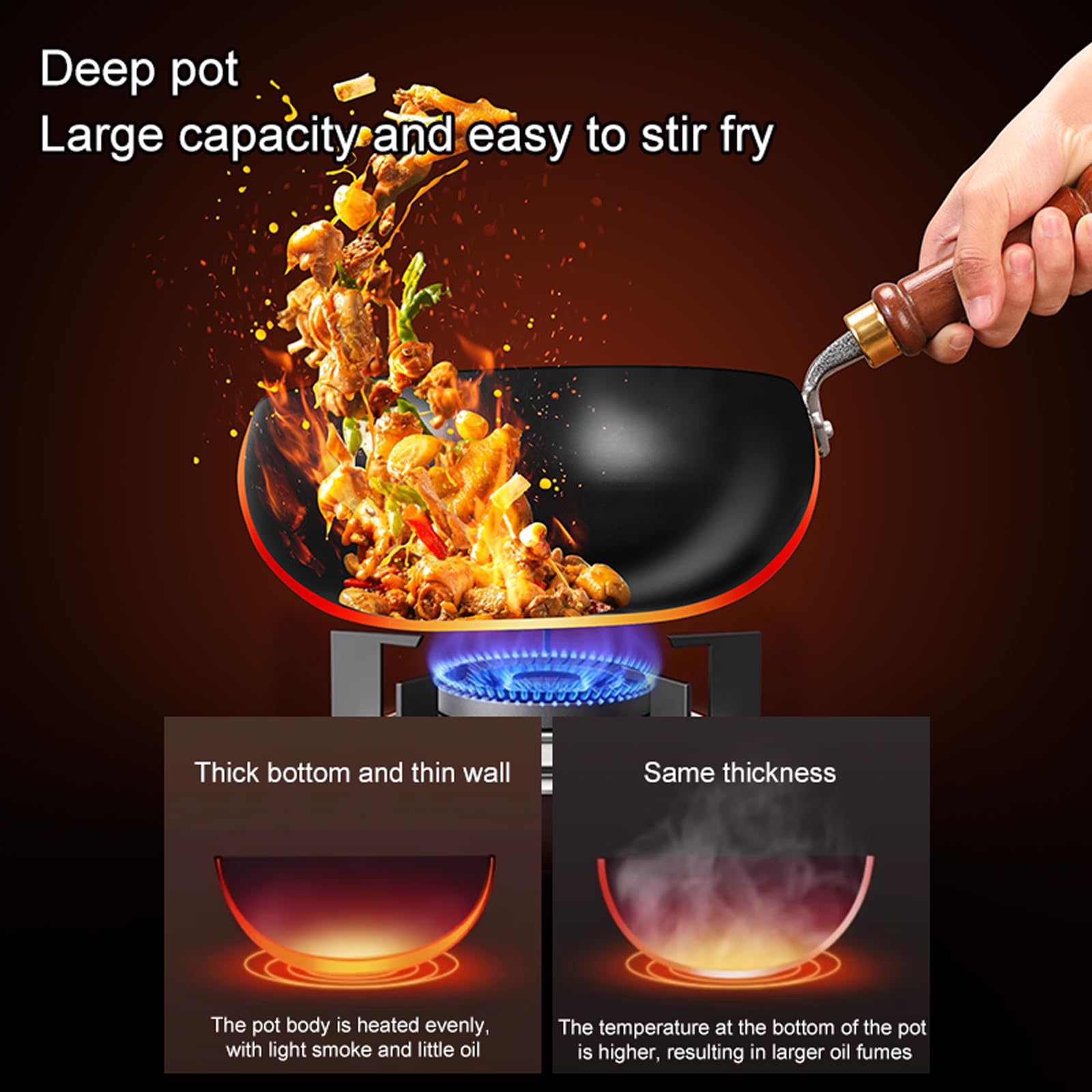 UMETRE wok pan wooden handle offers ergonomic, cool-to-touch grip.