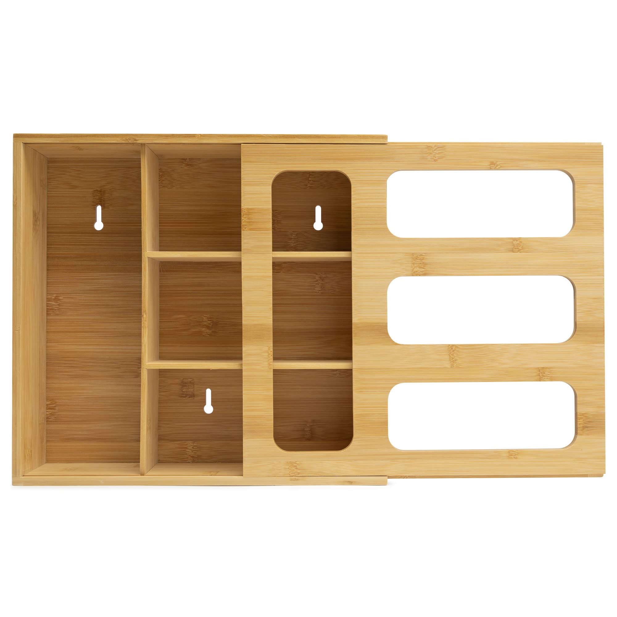 Umiboo bamboo bag storage organizer in a drawer keeps bags neatly separated for quick access.