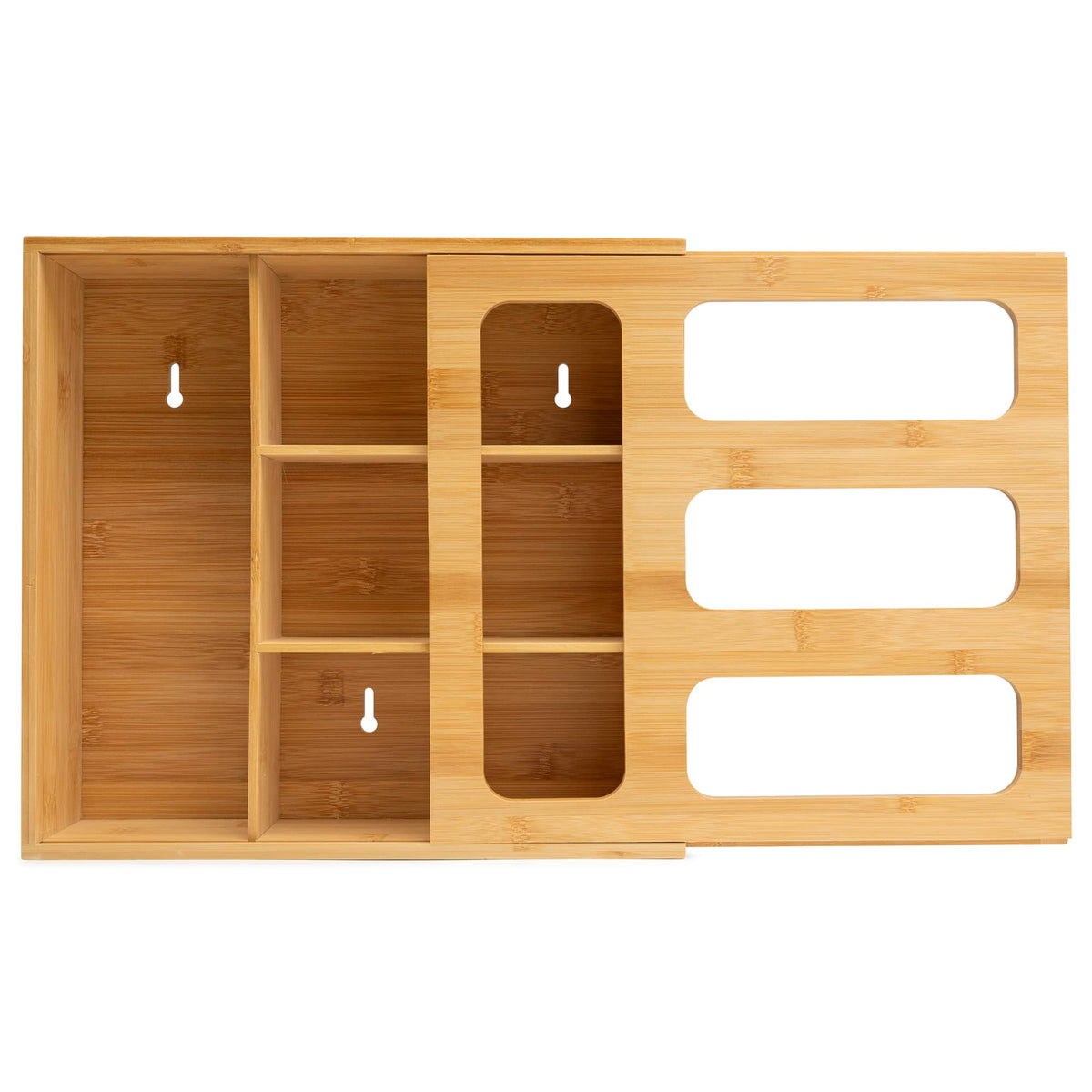 Umiboo bamboo bag storage organizer in a drawer keeps bags neatly separated for quick access.