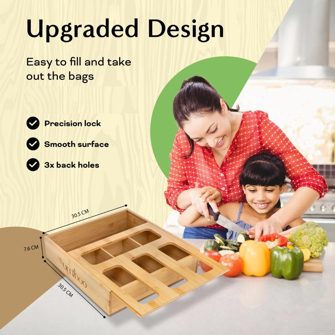 Umiboo sliding lid organizer aids tidy pantry storage and easy bag selection.