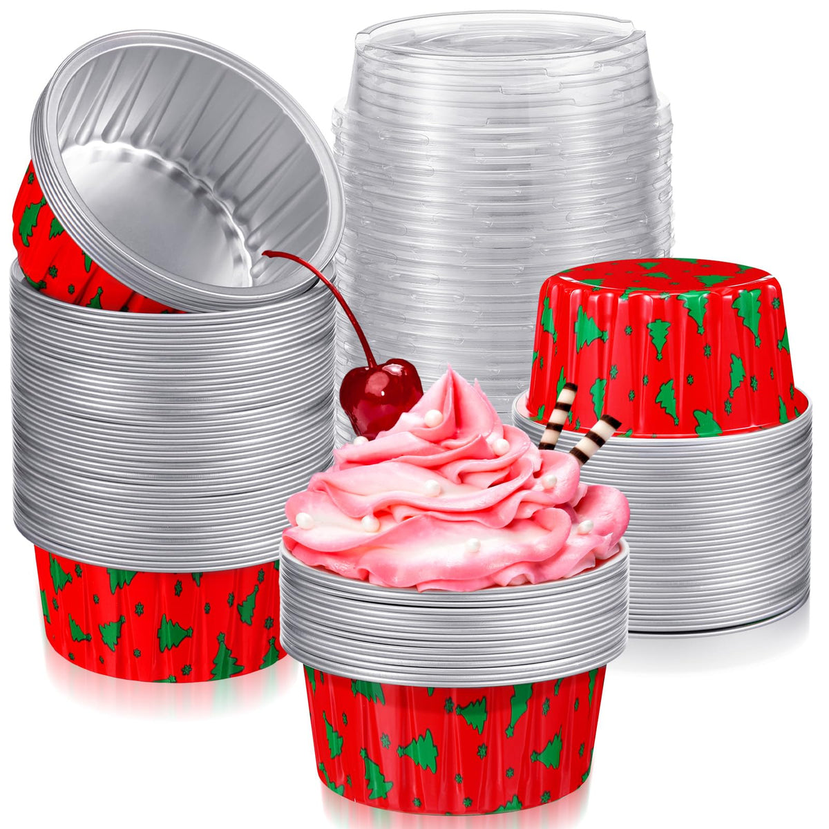 Umigy Christmas tree foil cups with lids for oven-ready cupcakes.