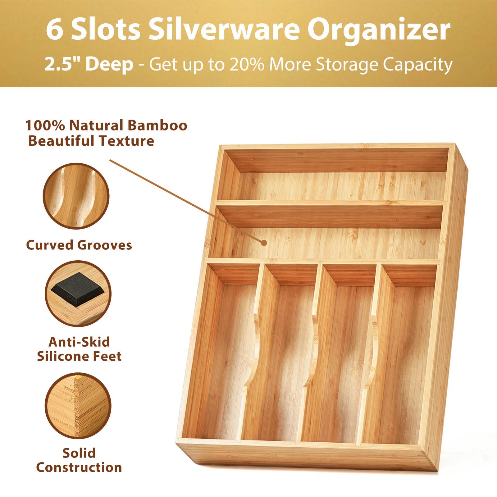 Umilife bamboo divider shows a 6-slot layout for forks, knives, and spoons.