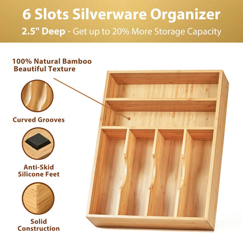 Umilife bamboo divider shows a 6-slot layout for forks, knives, and spoons.