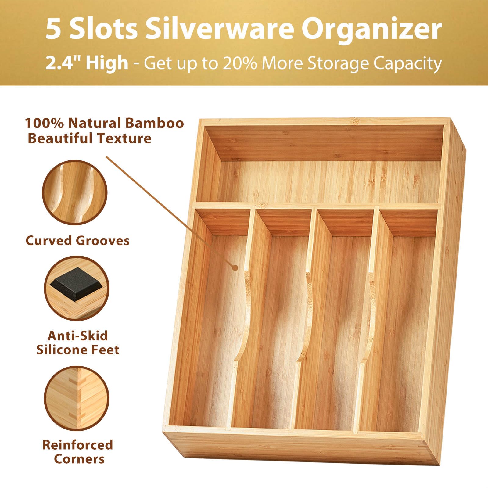 Umilife bamboo drawer divider close-up highlighting grooved slots for utensils.