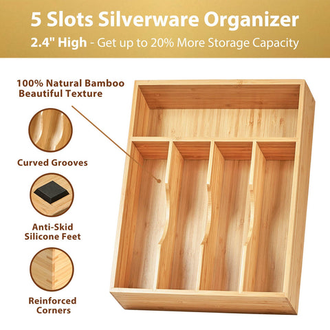 Umilife bamboo drawer divider close-up highlighting grooved slots for utensils.