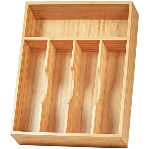 Umilife bamboo drawer organizer top view shows five-slot layout for flatware.