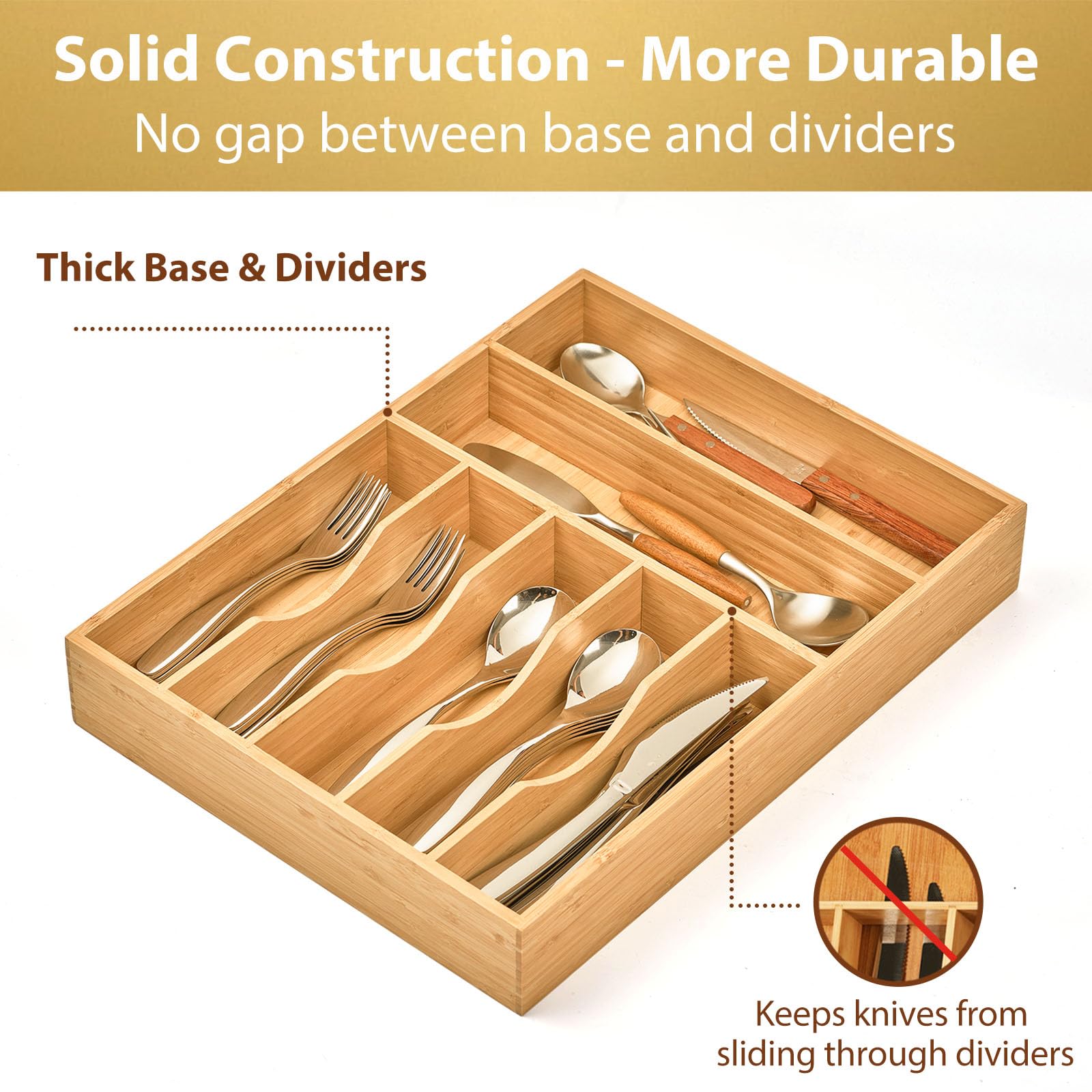 Umilife bamboo drawer organizer deep grooves accommodate larger utensils like spatulas.