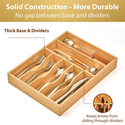 Umilife bamboo drawer organizer deep grooves accommodate larger utensils like spatulas.