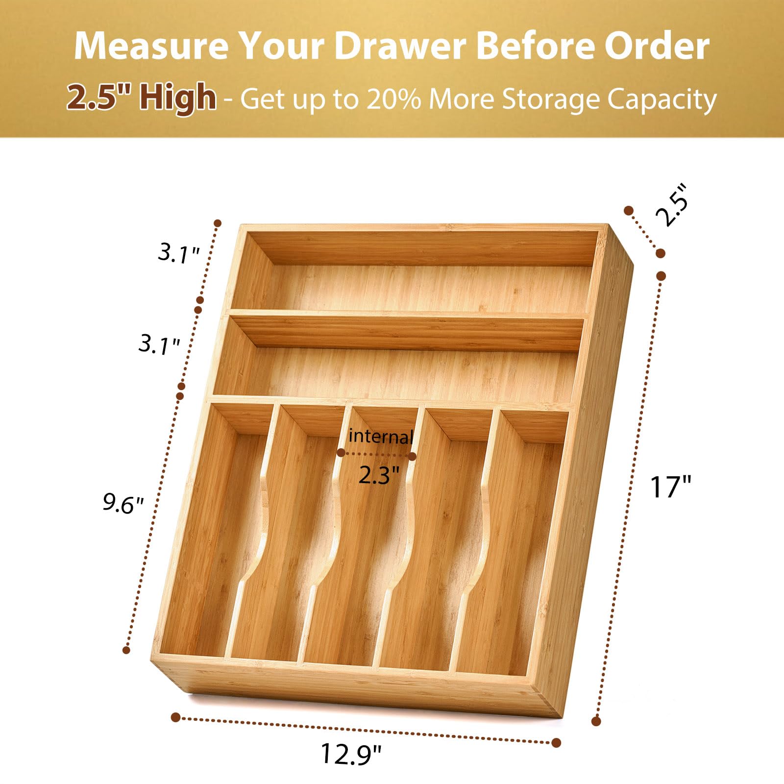 Umilife bamboo drawer organizer fork-slot maintains order for forks and cutlery.