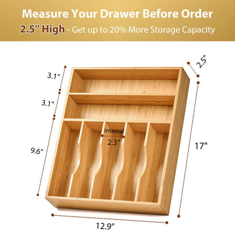 Umilife bamboo drawer organizer fork-slot maintains order for forks and cutlery.