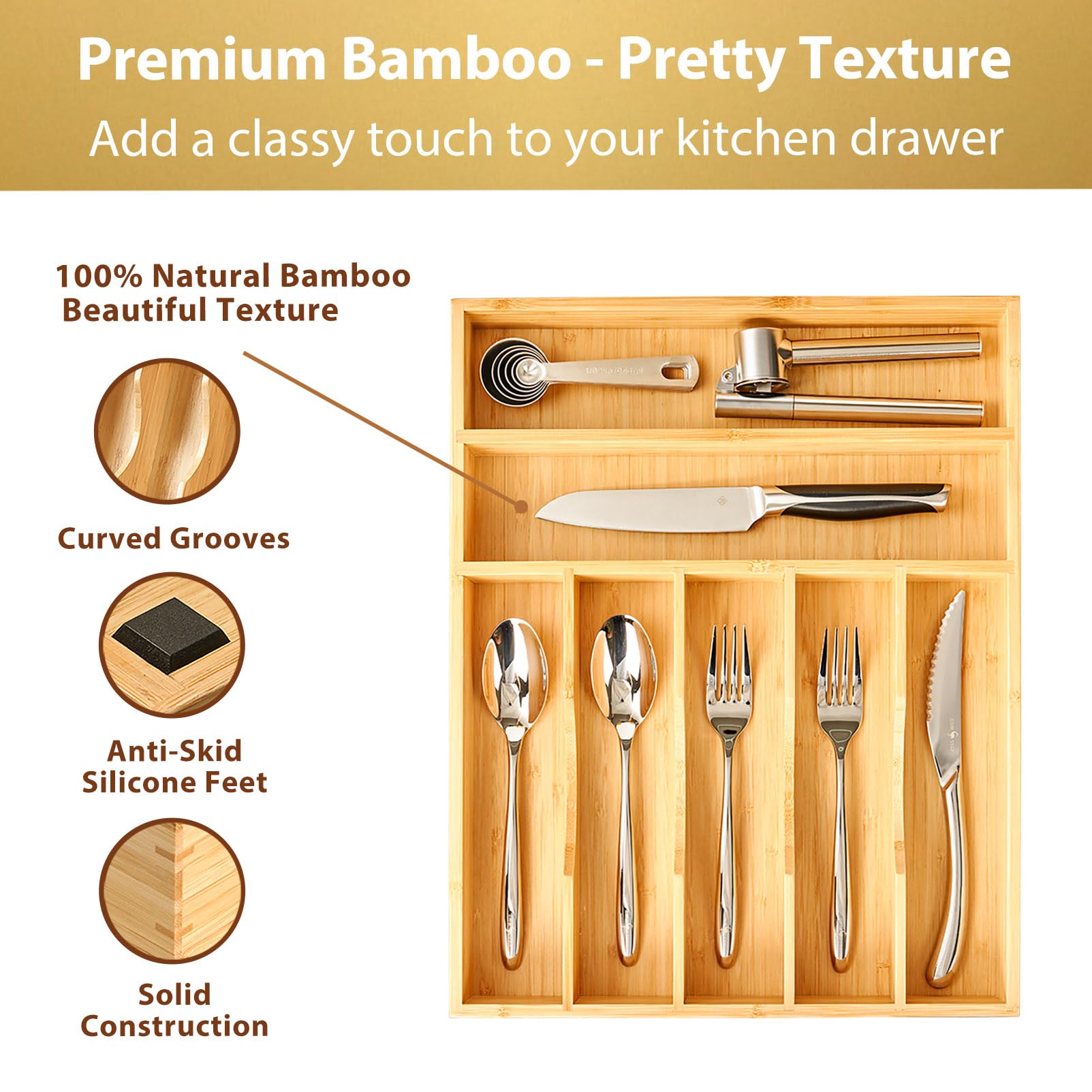 Umilife bamboo drawer organizer spoon-slot keeps spoons neatly separated and easy to grab.