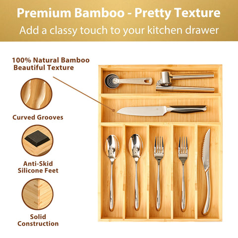 Umilife bamboo drawer organizer spoon-slot keeps spoons neatly separated and easy to grab.