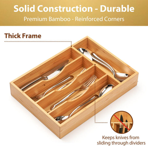 Umilife bamboo organizer vertical slots arranged for forks and spoons.