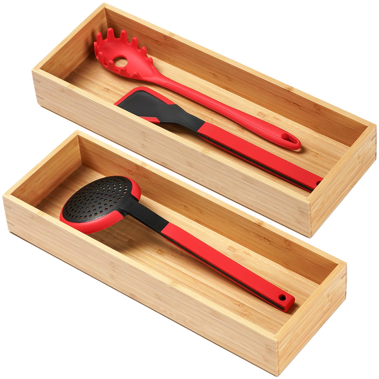 Umilife bamboo kitchen organizer in a deep drawer for easy utensil access.