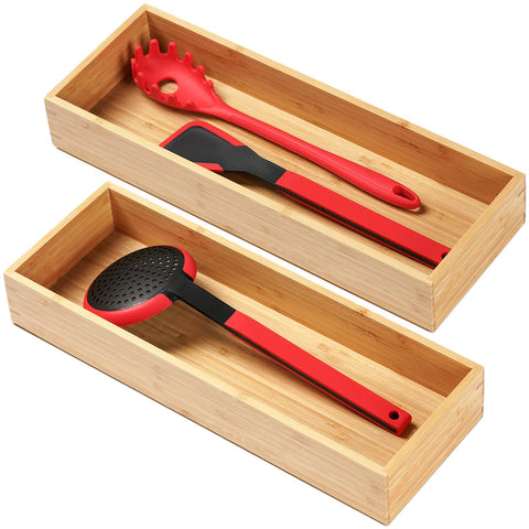 Umilife bamboo kitchen organizer in a deep drawer for easy utensil access.