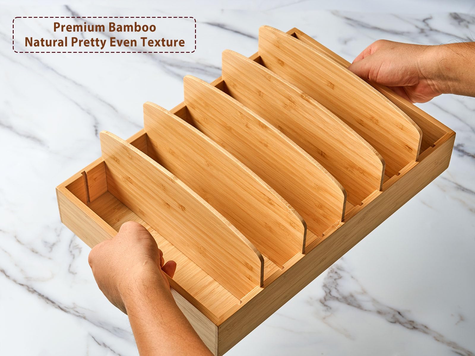 Umilife bamboo lid caddy highlighting mortise and tenon texture and durability.