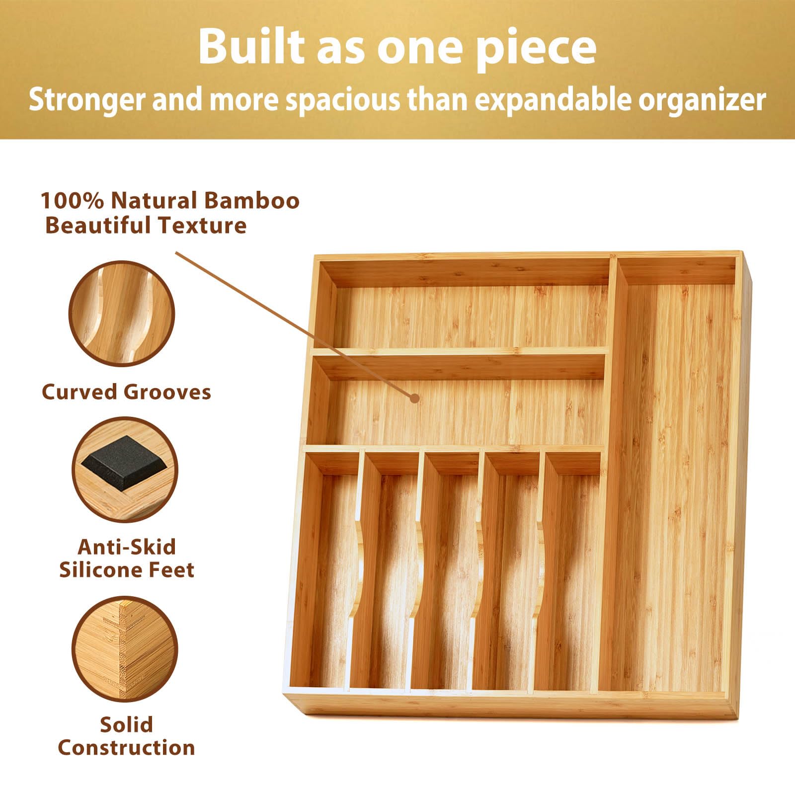 Umilife bamboo silverware organizer close-up shows curved grooves for easy access