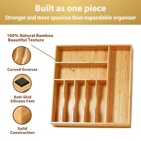 Umilife bamboo silverware organizer close-up shows curved grooves for easy access