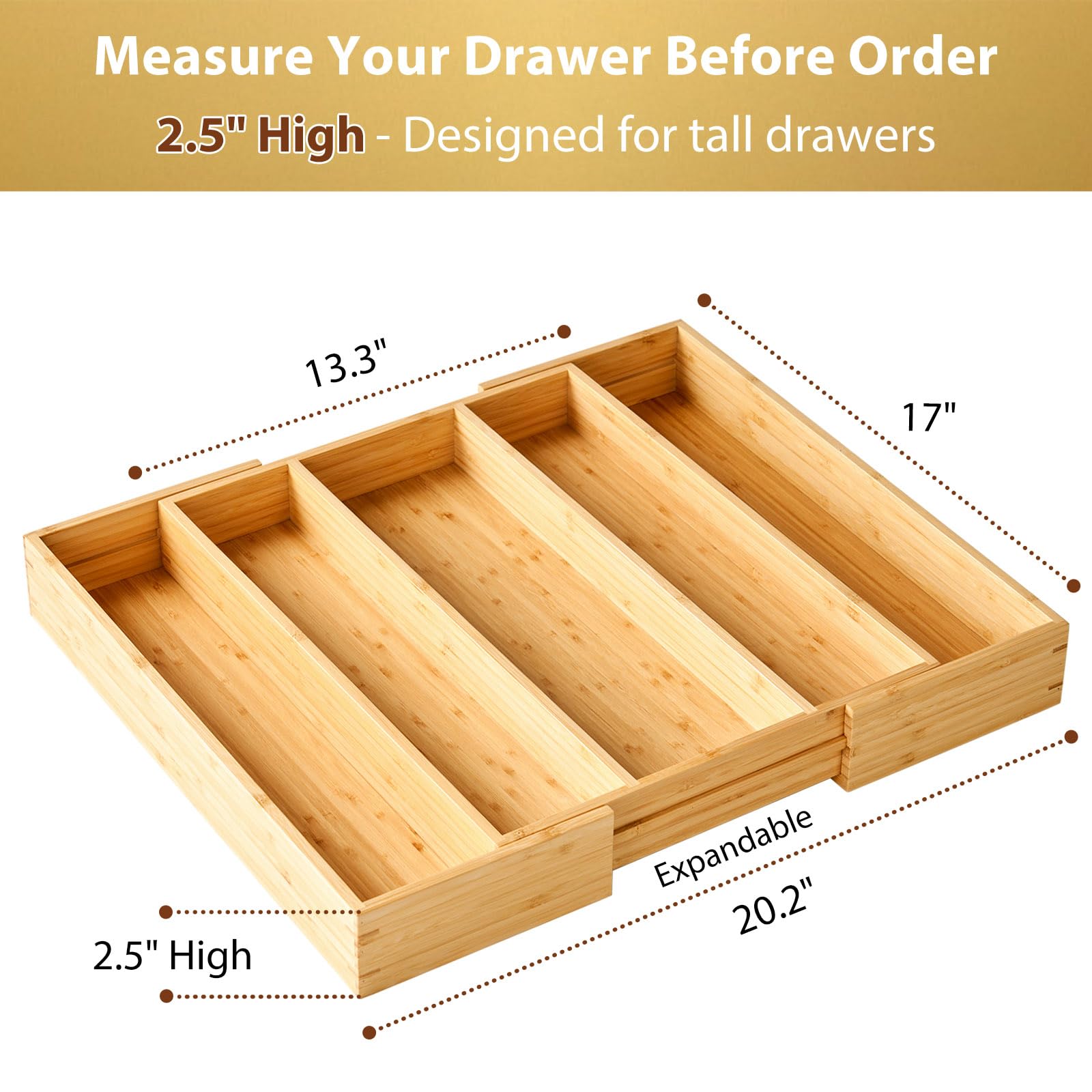 Umilife bamboo silverware tray highlights durable construction for kitchen storage.