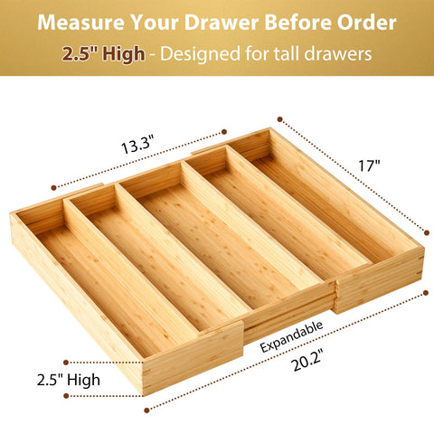 Umilife bamboo silverware tray highlights durable construction for kitchen storage.