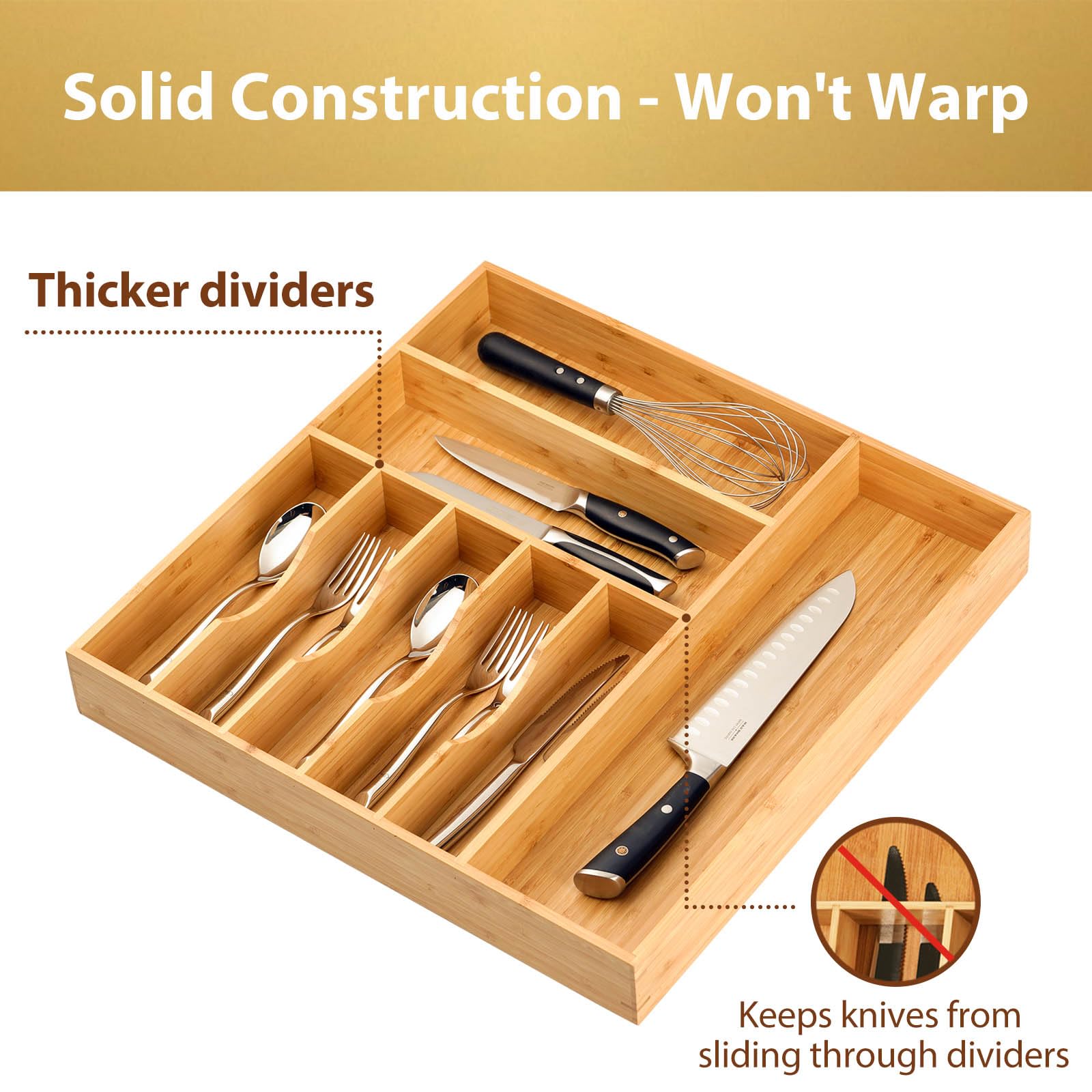 Umilife drawer organizer with thick frames, side view, prevents warping