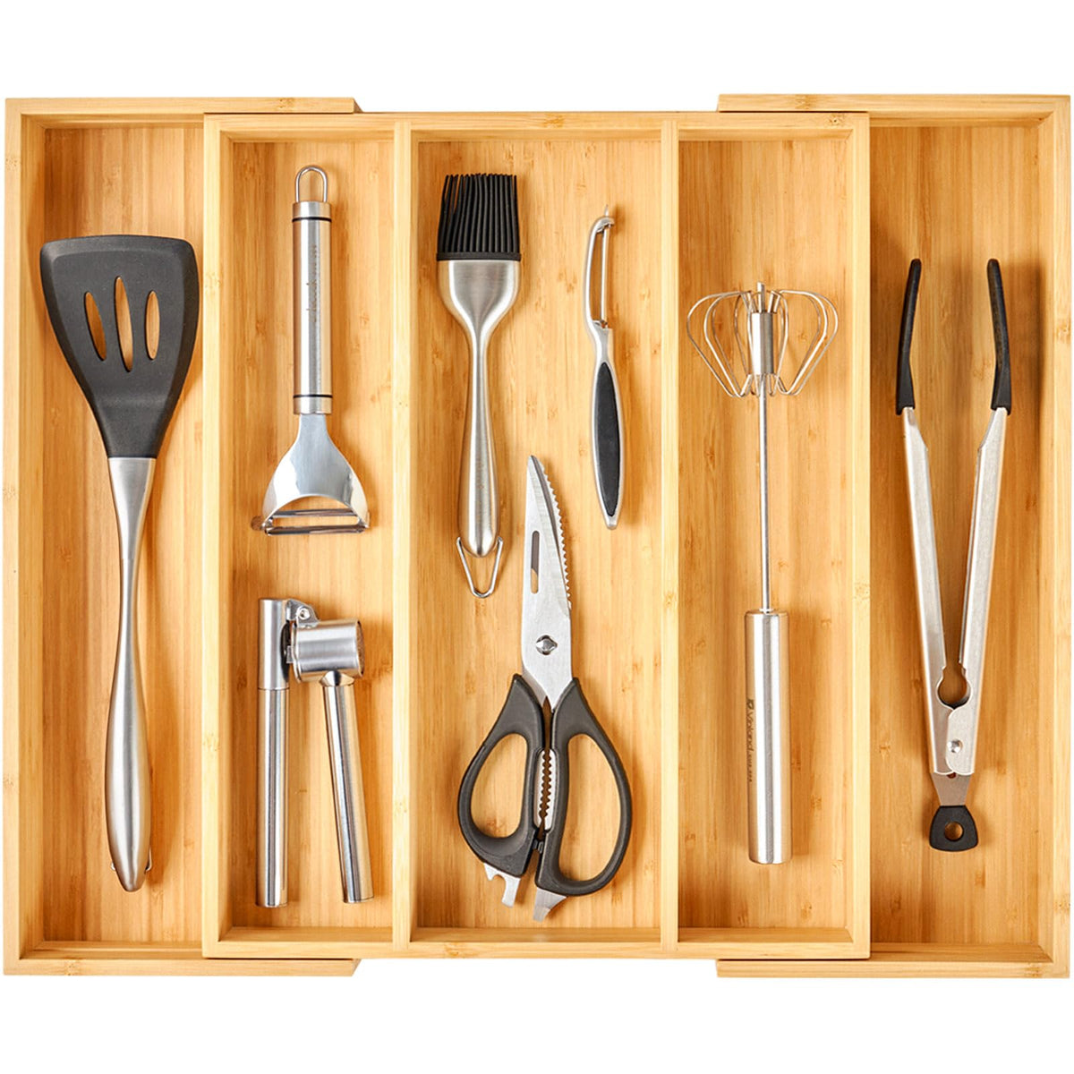 Umilife expandable bamboo drawer organizer with three compartments keeps utensils neatly stored.