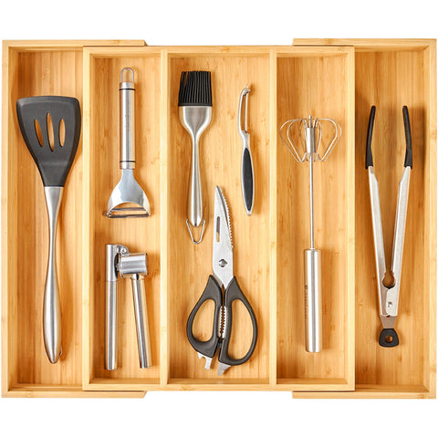 Umilife expandable bamboo drawer organizer with three compartments keeps utensils neatly stored.