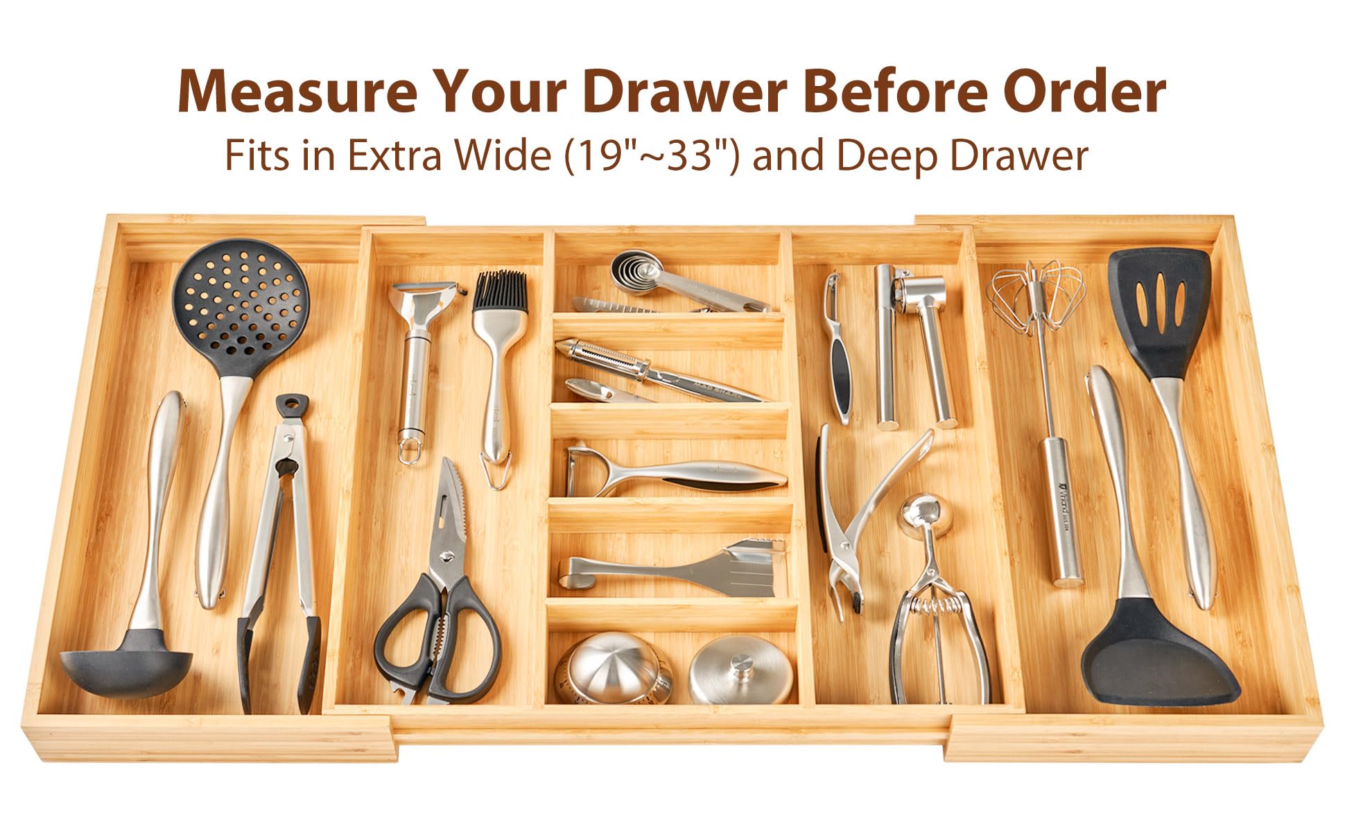 Umilife adjustable width from 19 to 33 inches fits varied drawers.