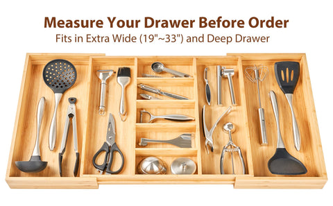 Umilife adjustable width from 19 to 33 inches fits varied drawers.