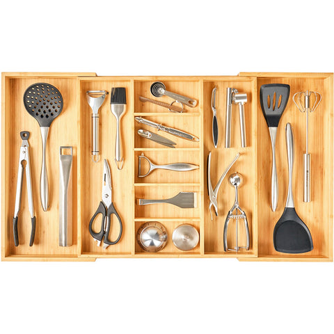 Umilife extra-large expandable wood drawer divider keeps deep drawers organized.