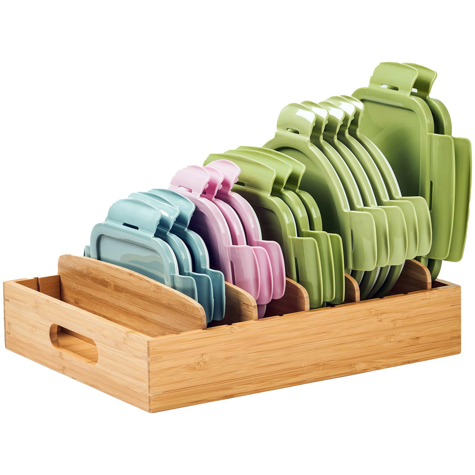 Umilife kitchen cabinet organizer for lids keeps lids upright and accessible.