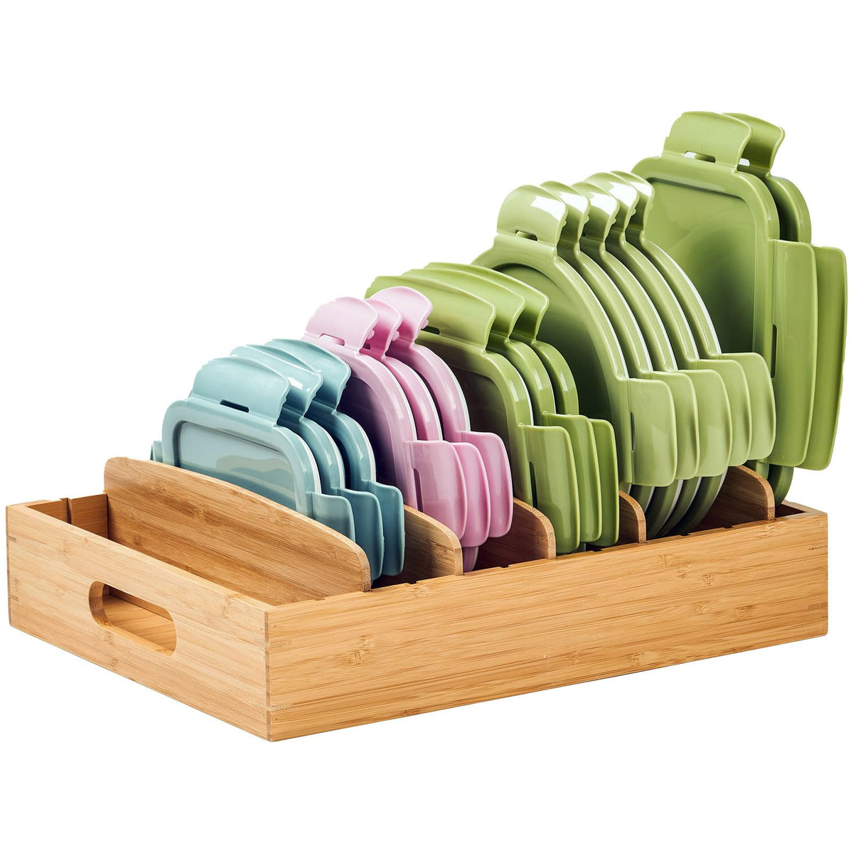 Umilife kitchen cabinet organizer for lids keeps lids upright and accessible.