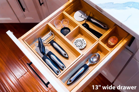 Umilife kitchen drawer organizer helping sort utensils with easy reach
