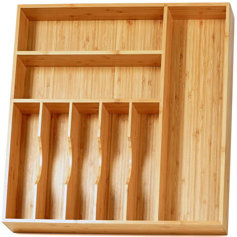 Umilife large drawer organizer with wood base, top view, ample utensil storage